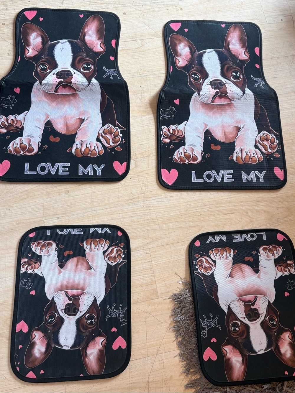 New Open Package 4pc Cute Cartoon Bulldog Print Universal Fit Car Floor Mats